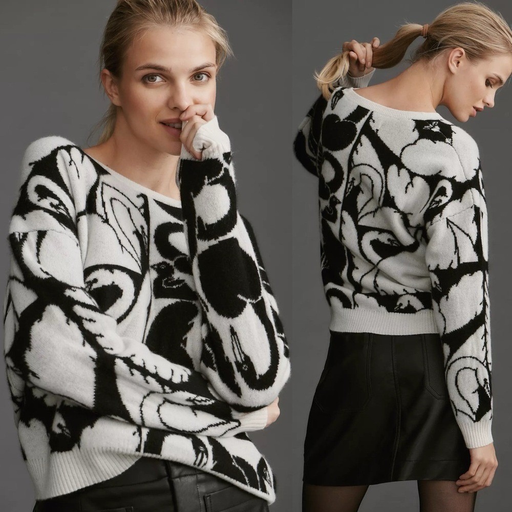 Anthropologie Cecilia Pettersson Graphic Swan Sweater 100%‎ Cashmere NWT Size XS